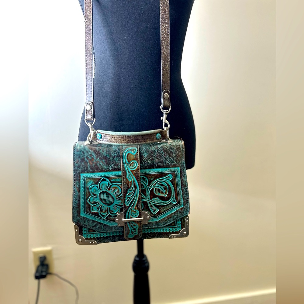 Patricia Nash Turquoise Tooled Stella Flap Handbag